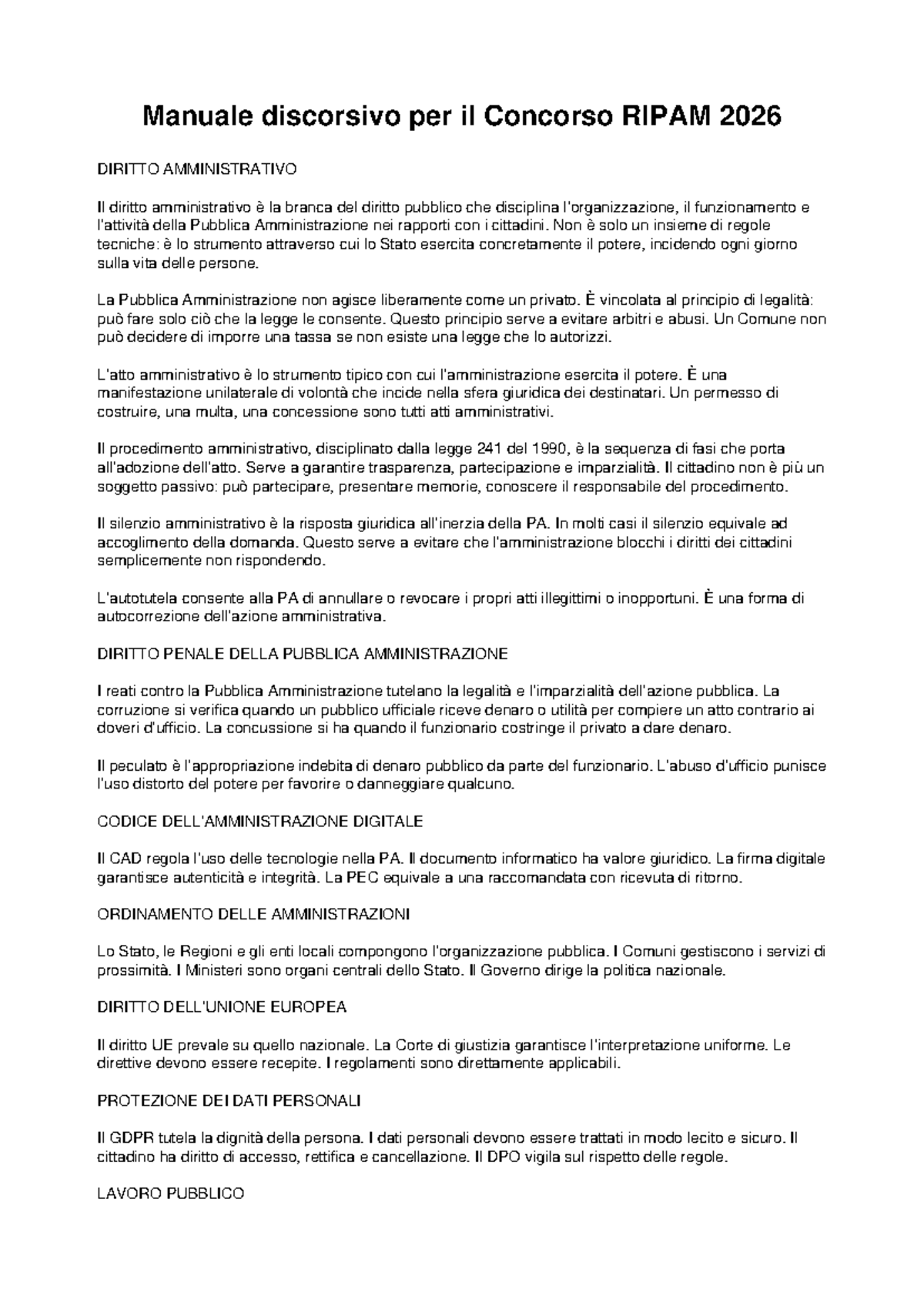 Manuale Discorsivo per il Concorso RIPAM 2026: Diritto Amministrativo - Document Preview