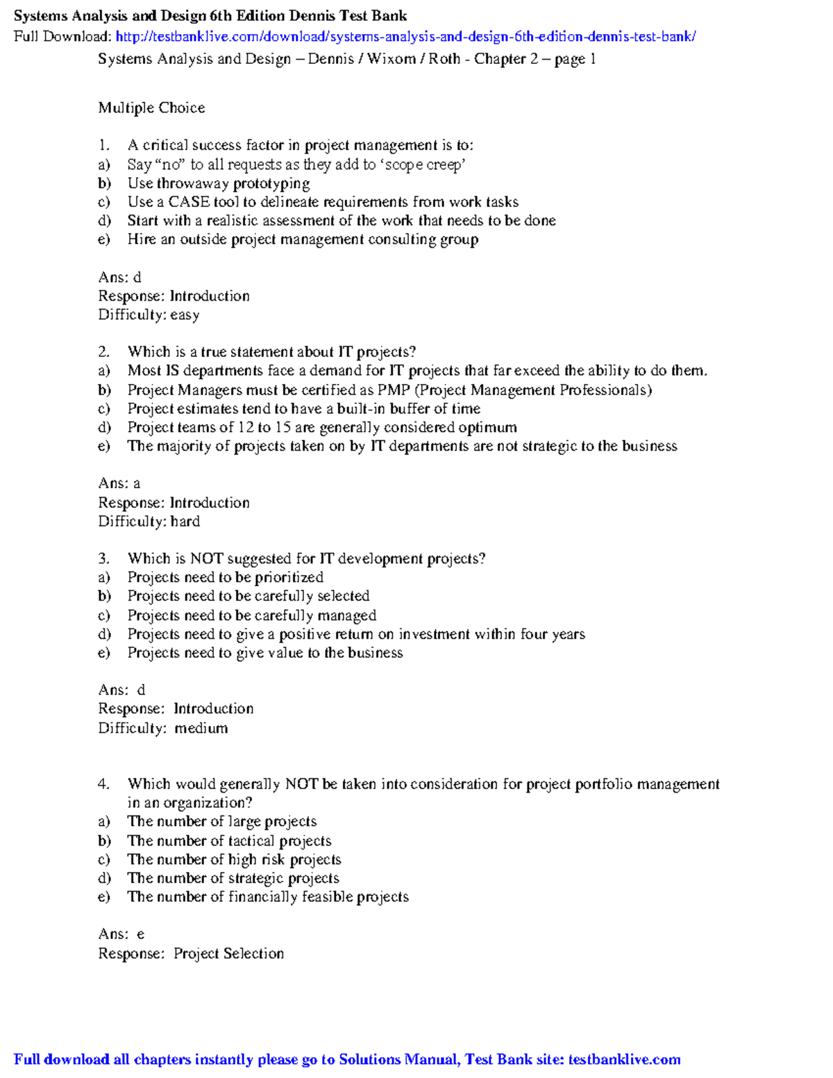 Test Bank for Systems Analysis and Design (6th Ed) - Dennis/Wixom/Roth ...