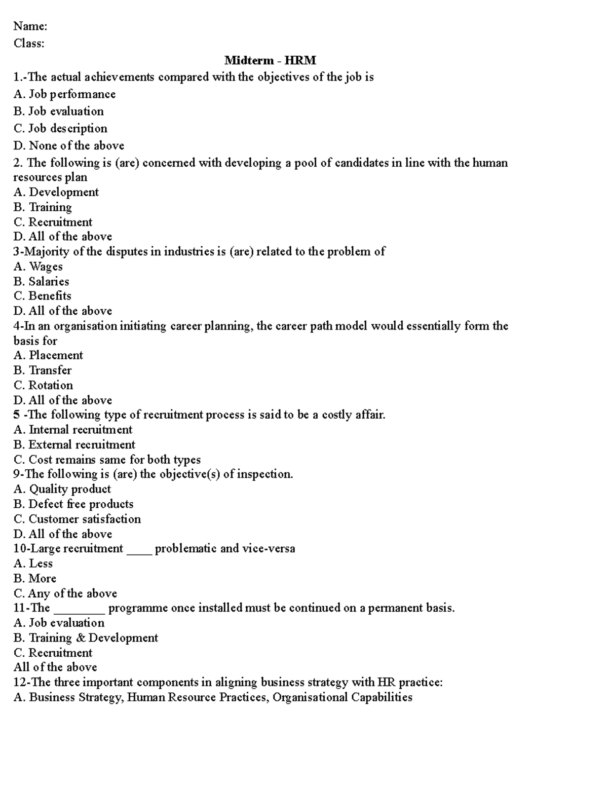 Midterm Exam Notes for HRM - Human Resource Management - Studocu