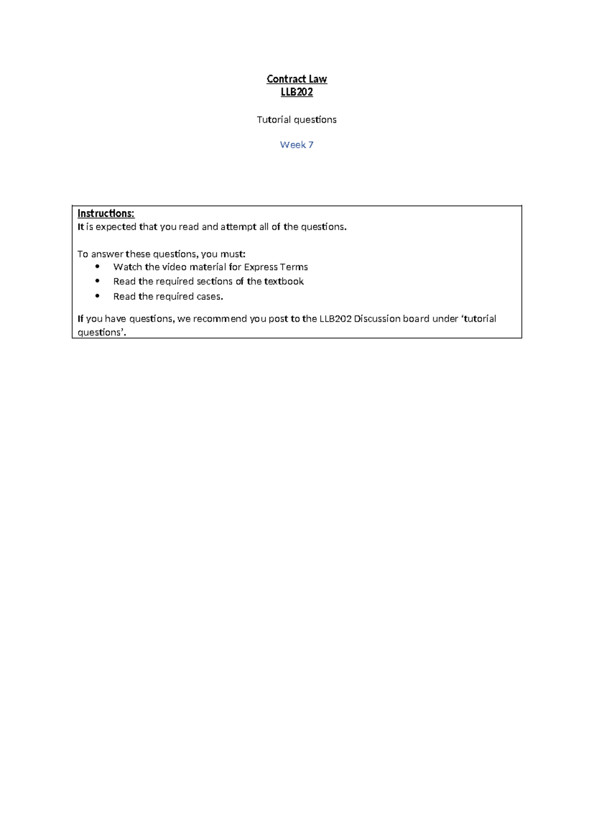 LLB202 Contract Law Week 7 Tutorial Questions and Scenarios - Studocu