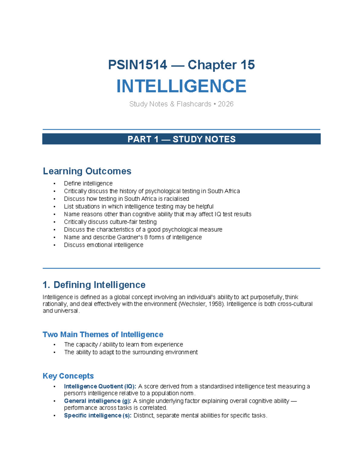 PSIN1514 Chapter 15 Intelligence Study Notes & Flashcards - Studocu