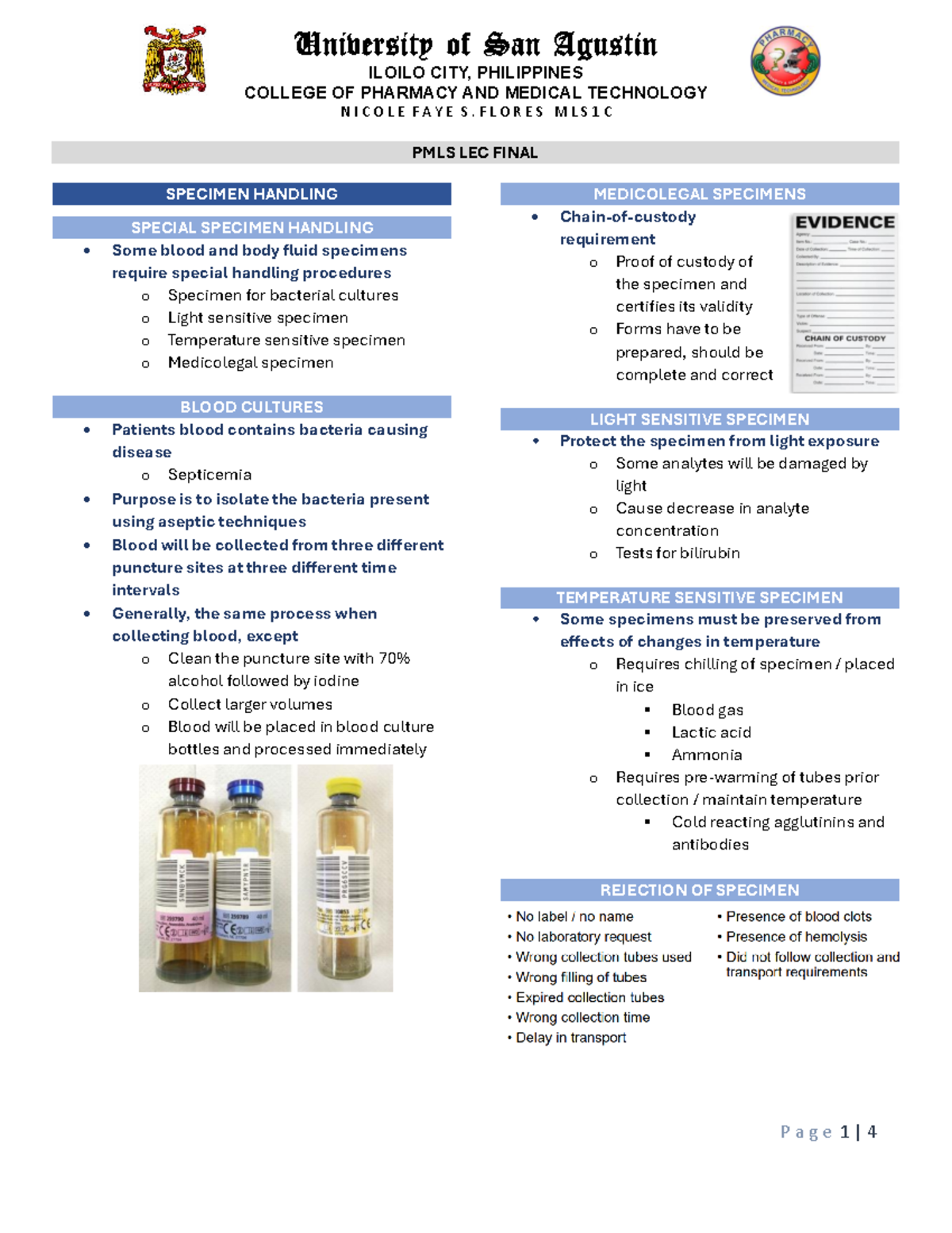 PMLS LEC FINAL NOTES: Special Handling of Specimens - Studocu