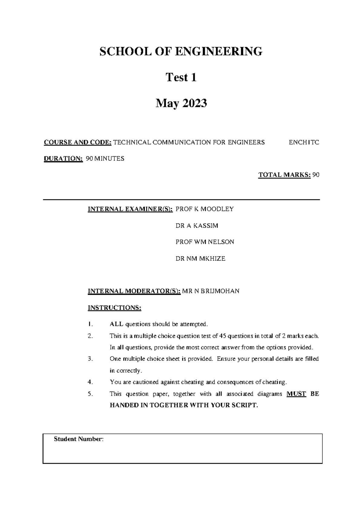 ENCH1TC Test 1 Solutions - Technical Communication for Engineers 2023 ...