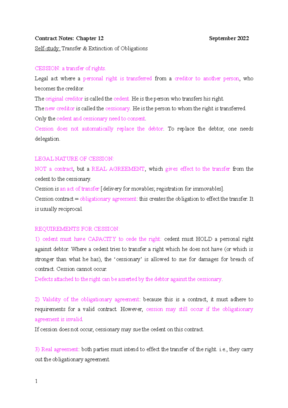 Contract Law Notes: Chapter 12 - Transfer & Extinction of Obligations ...