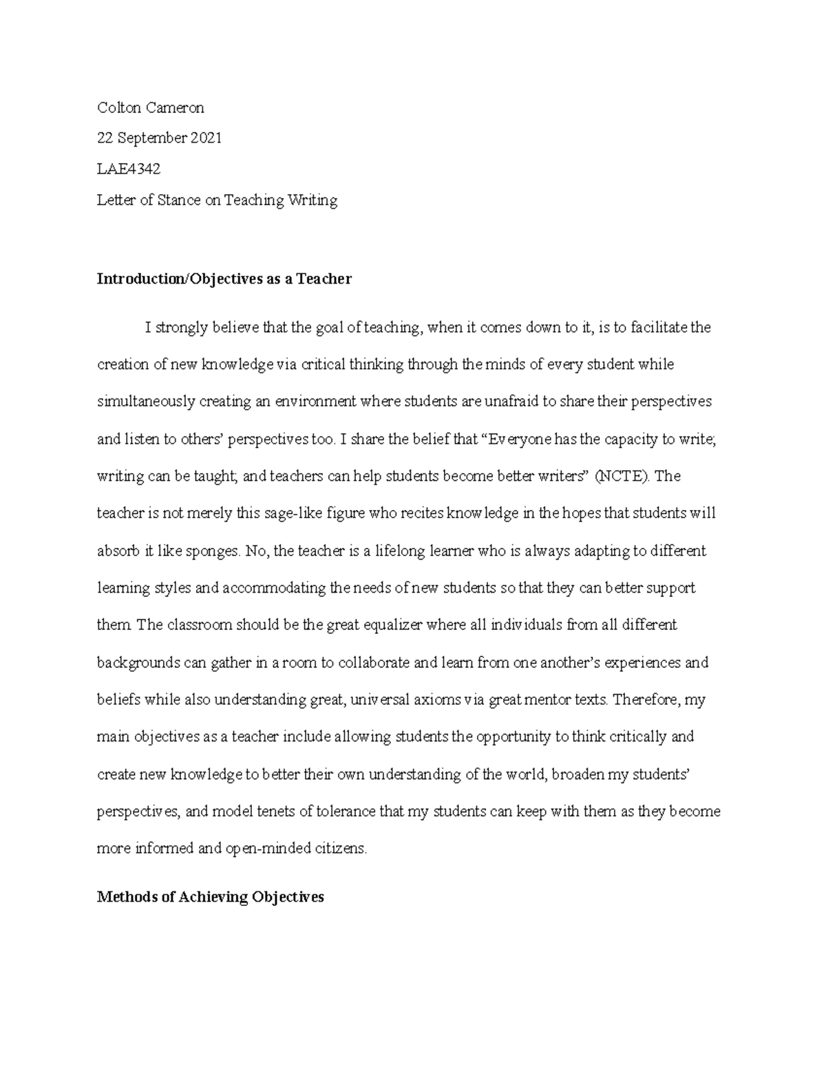 Letter of Stance on Teaching Writing LAE4342 - Colton Cameron 22 ...