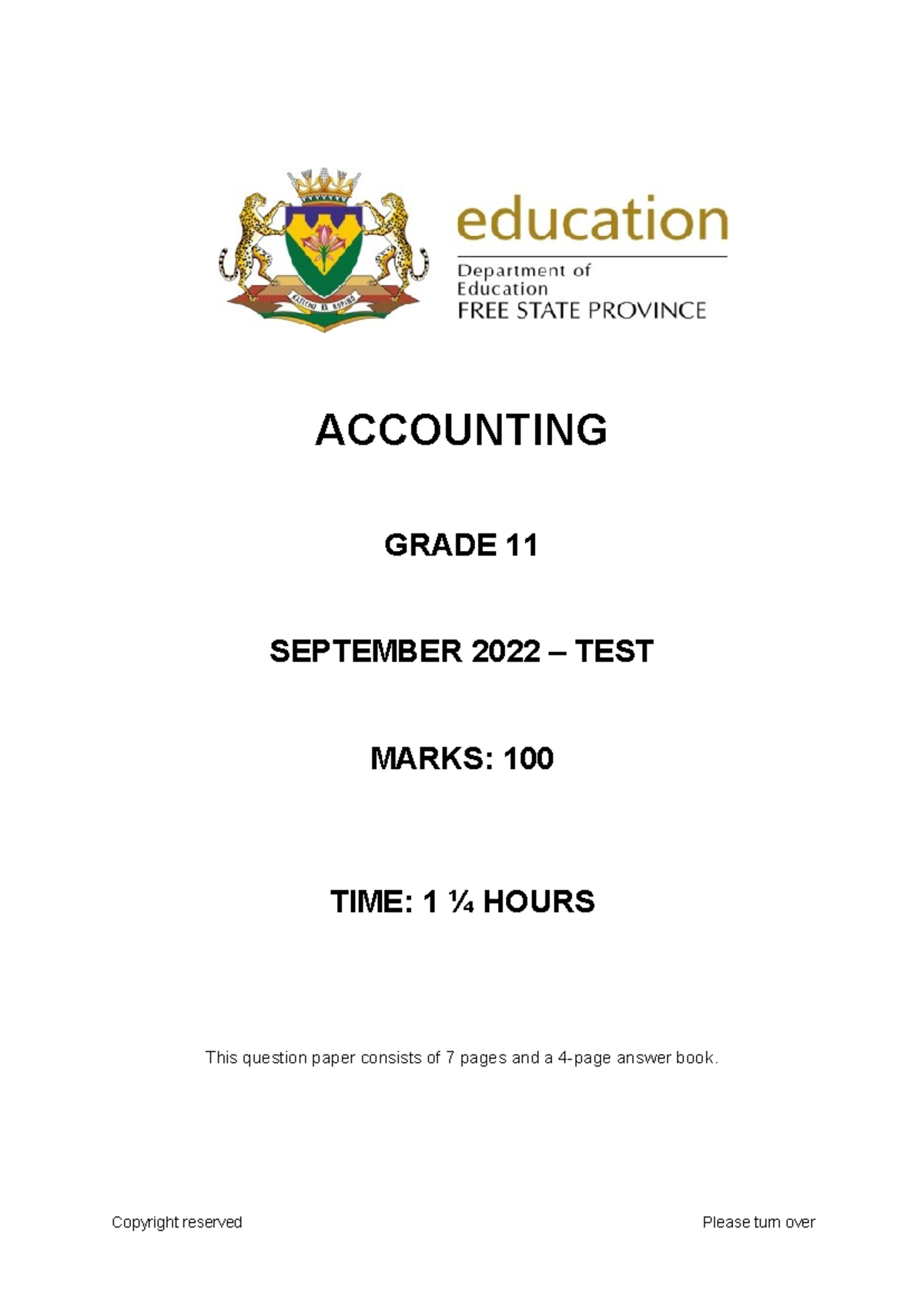 Grade 11 Accounting September 2022 Test Paper - Practice Questions ...