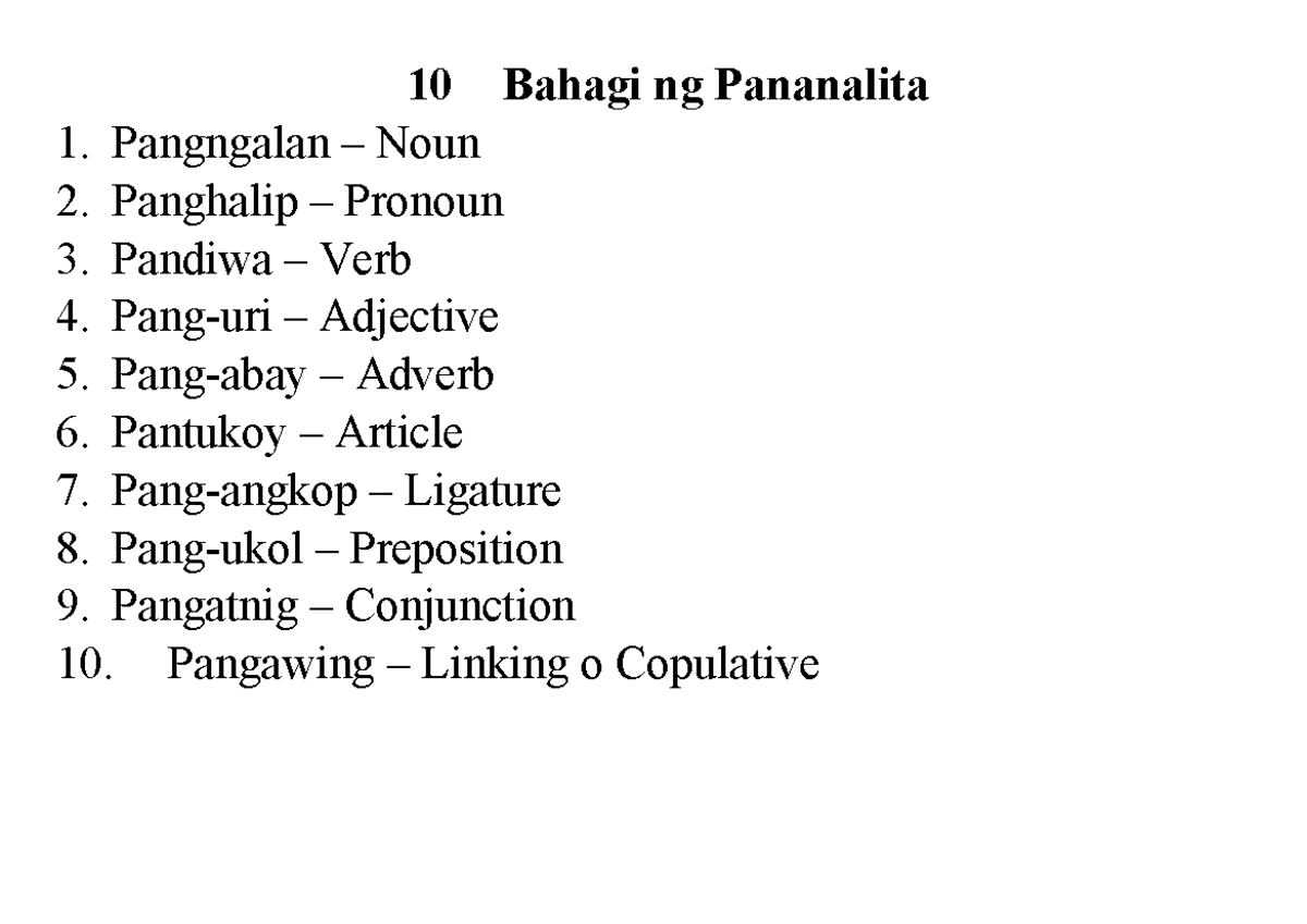 10 Bahagi ng Pananalita: Mga Pangngalan, Pandiwa, at Iba Pa - Studocu