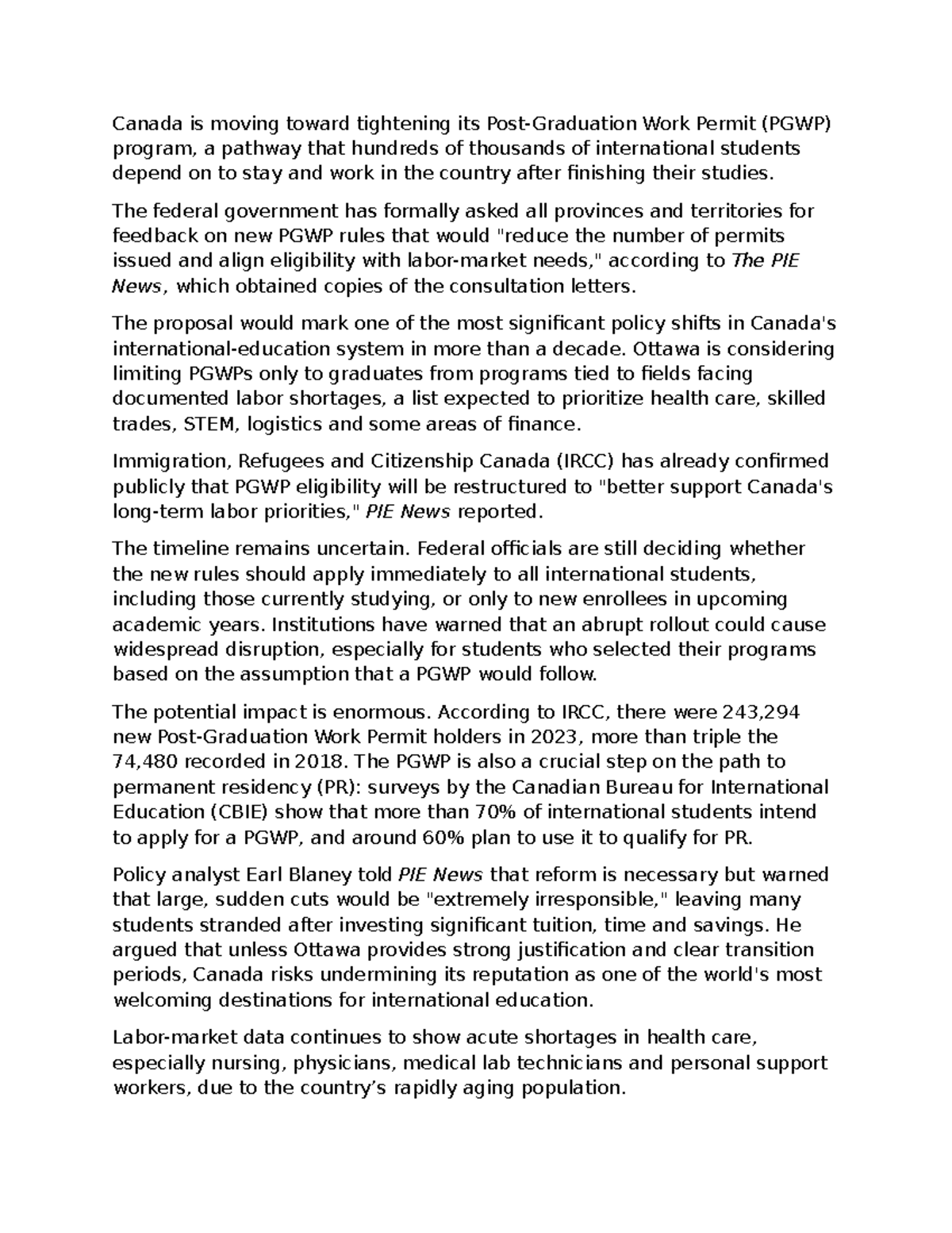 Canada's Proposed Changes to PGWP: Impact on Int'l Students - Studocu