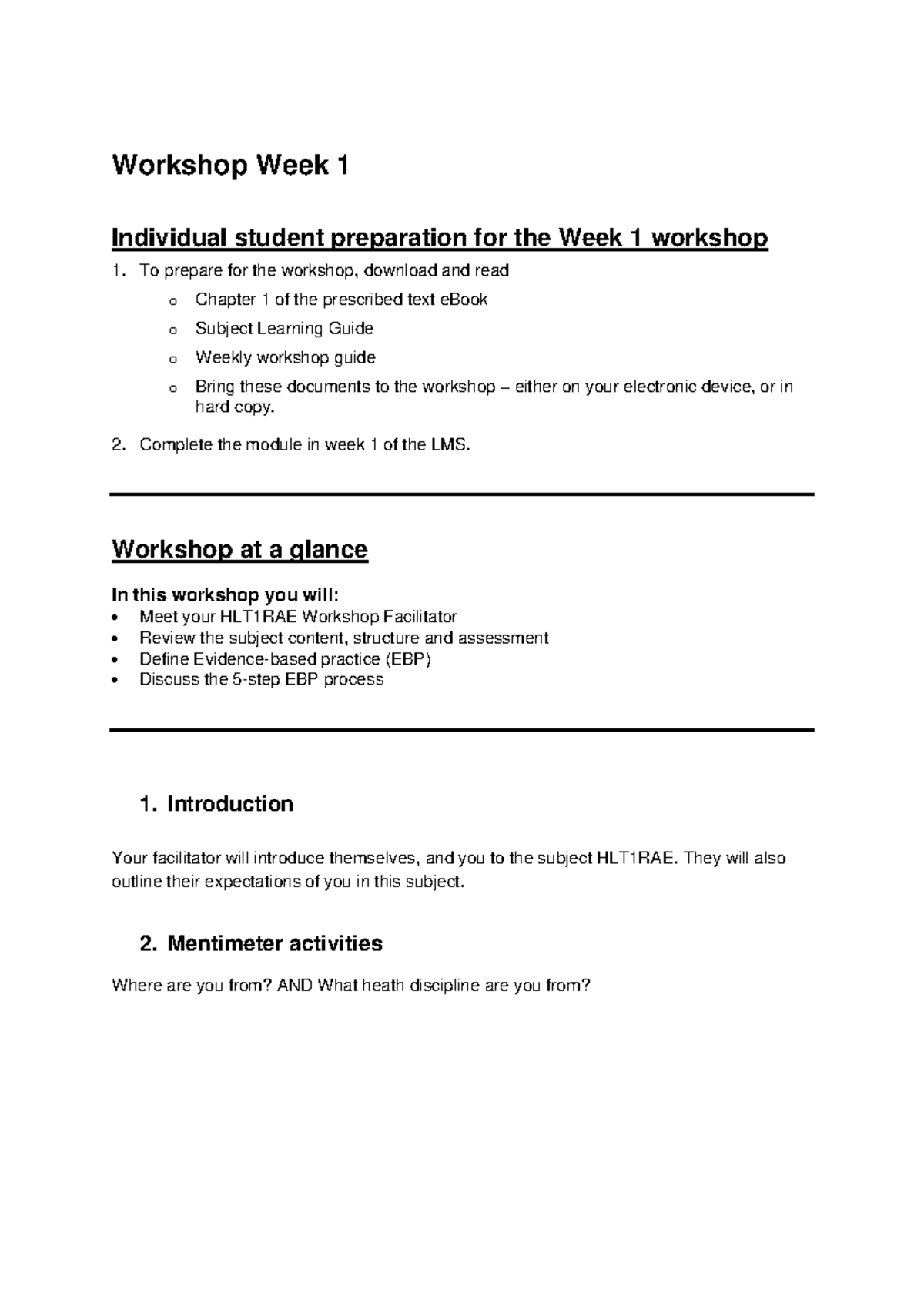 2025 HLT1RAE Week 1 Workshop Preparation Guide - Studocu