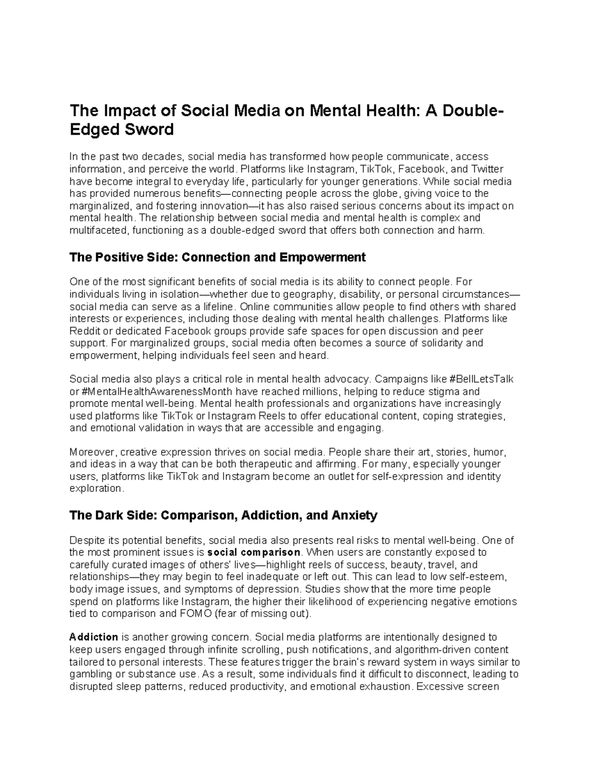 The Impact of Social Media on Mental Health: A Double-Edged Sword - Studocu