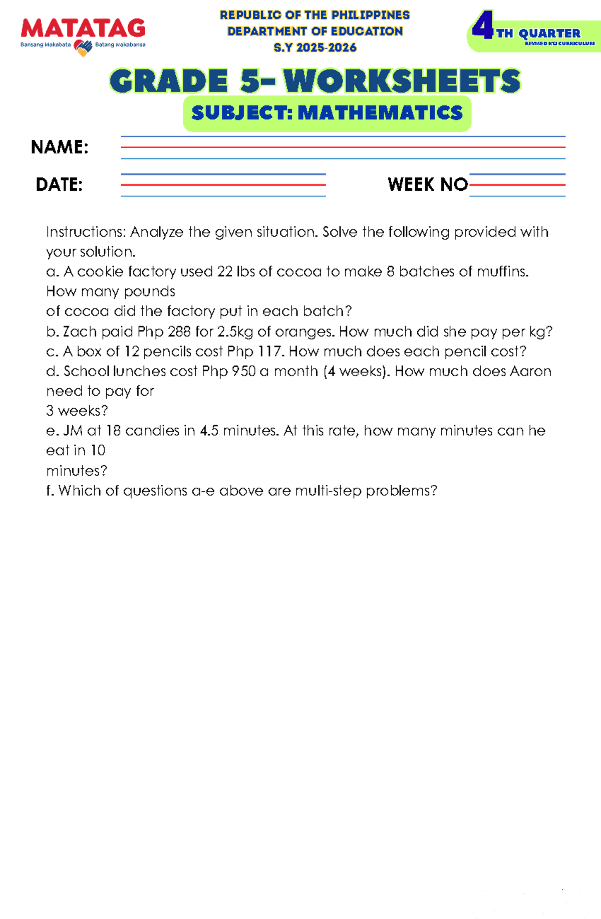 Q4 G5 Mathematics Worksheets S.Y 2025 - Revised K12 Curriculum - Studocu