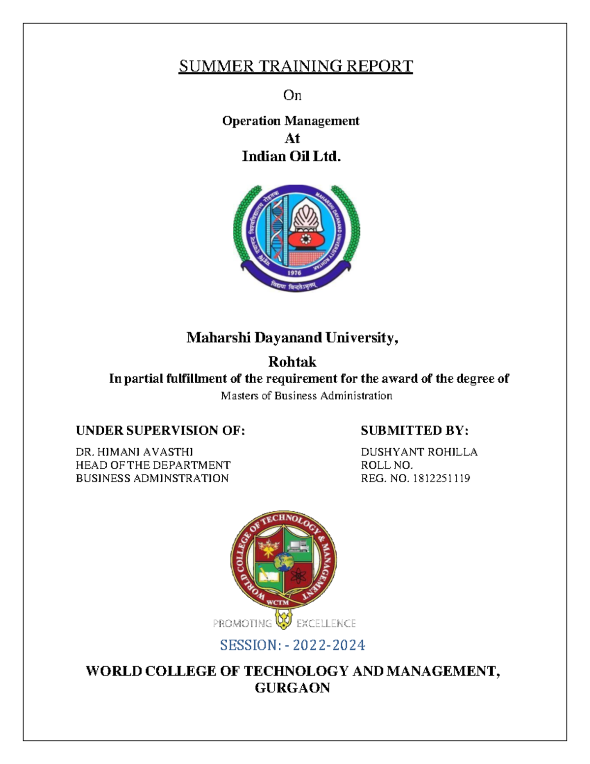 Summer Internship Report on Operations Management at IOCL (MBA 2022 ...