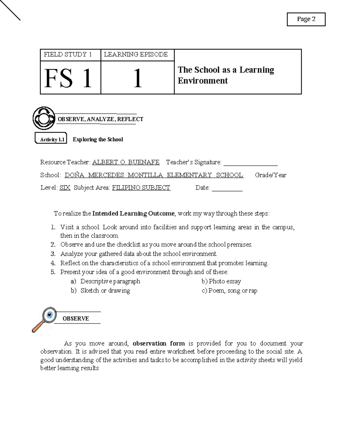 (FS1) School Environment Observation Report by Jerry C. Villarante ...