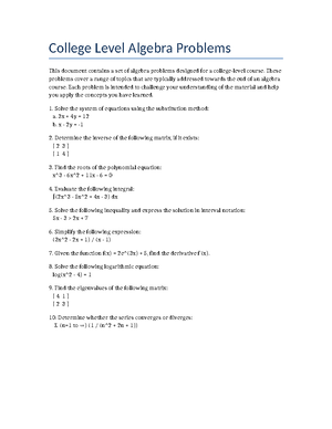 College Algebra Practice Problems Worksheet - College Algebra Worksheet ...