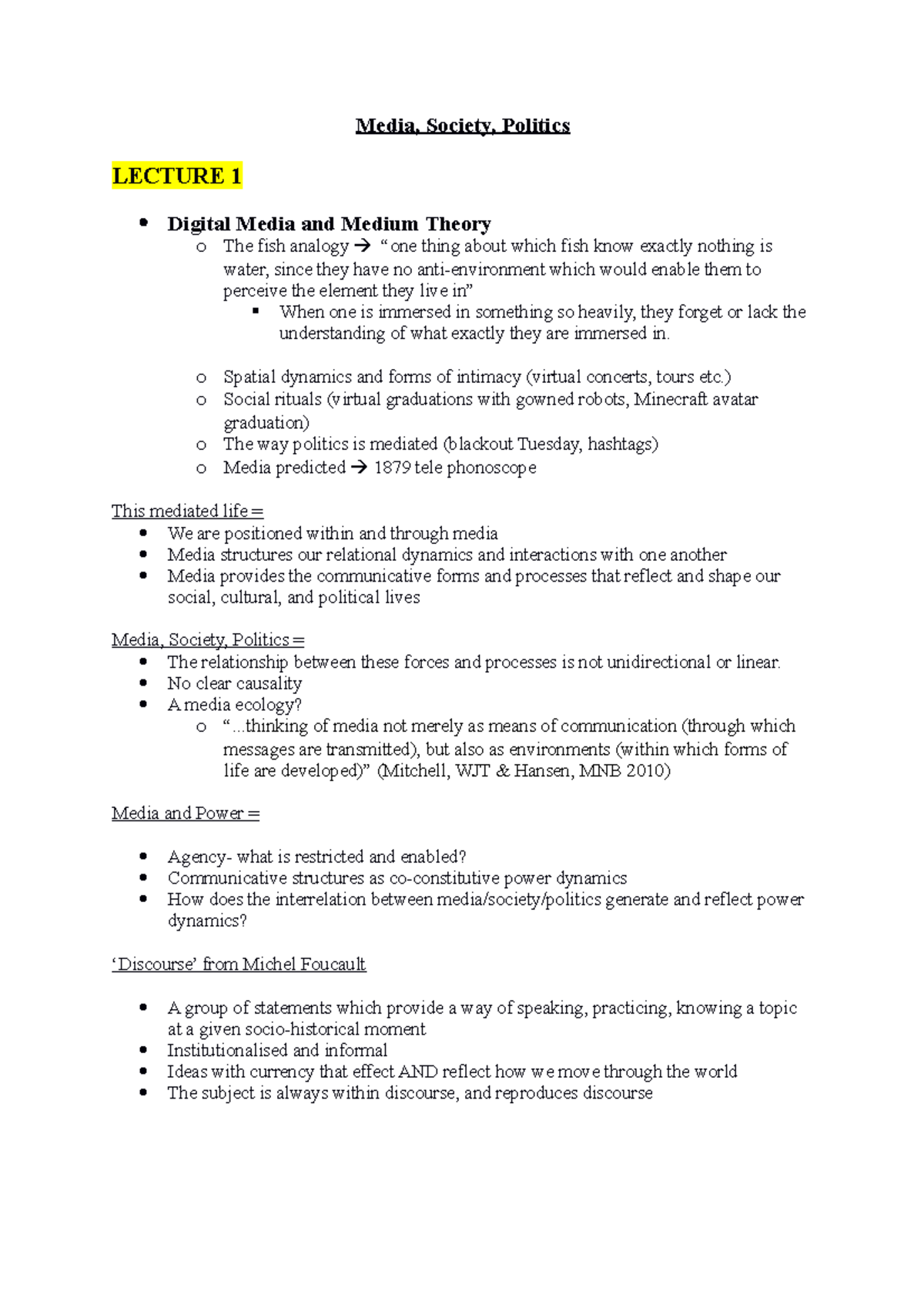 Arts1091 Notes - Media, Society, Politics LECTURE 1 Digital Media and ...