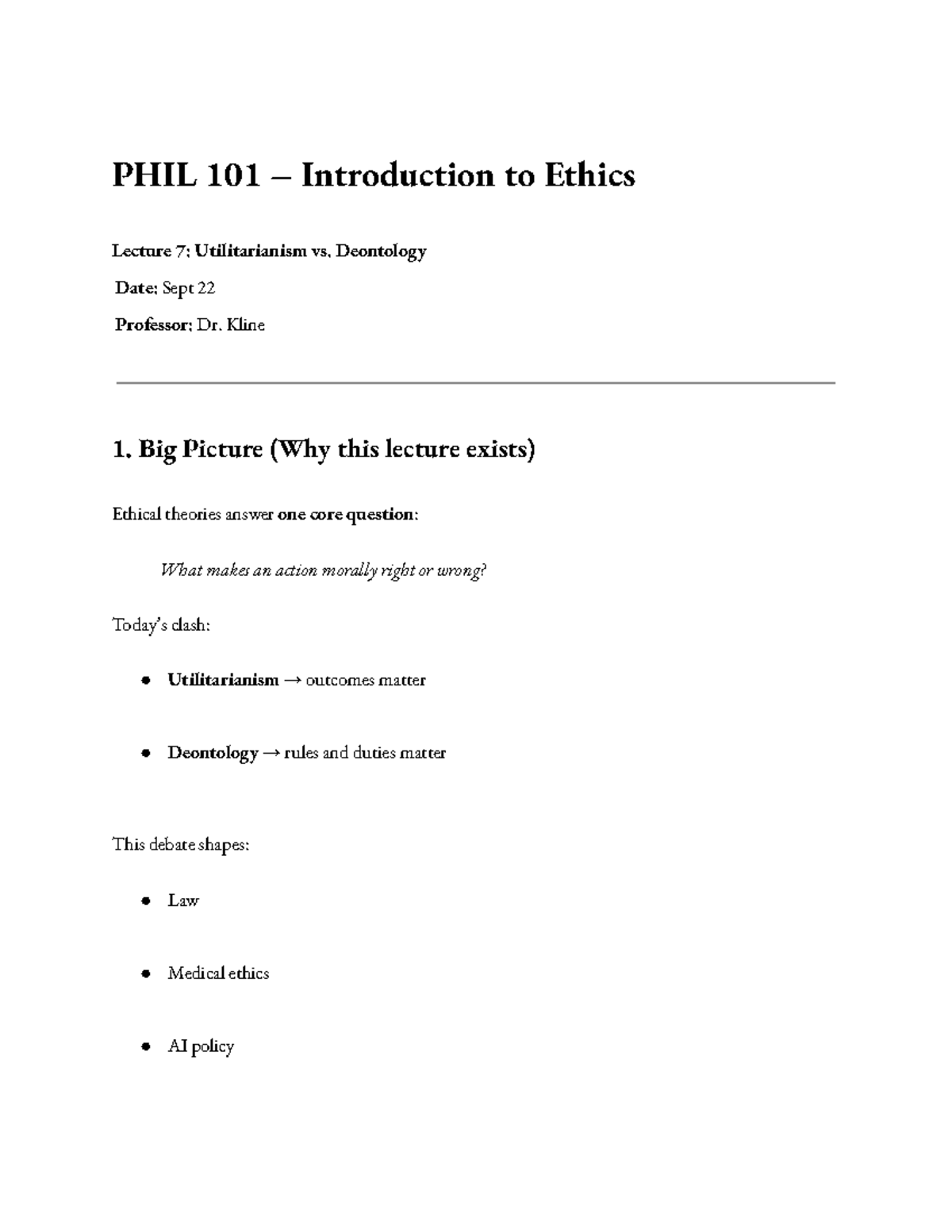 PHIL 101 Lecture Notes: Kantian Ethics vs. Utilitarianism - Studocu