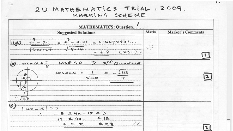 2009 MATHEMATICS TRIAL MARKING SCHEME SOLUTIONS - Studocu
