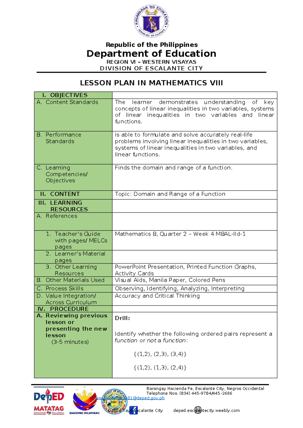 BSED MATHEMATICS 3A: Lesson Plan on Domain and Range of Functions - Studocu