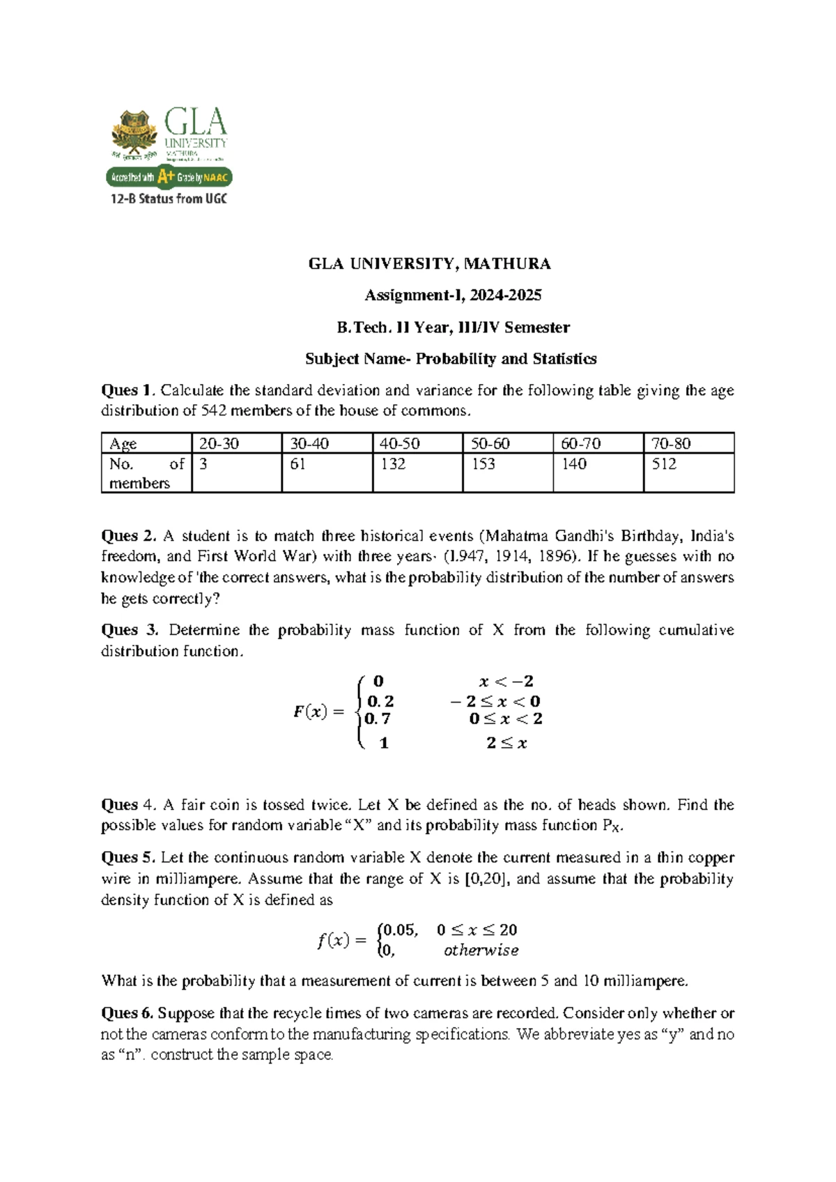 Mid Term Exam: Probability and Statistics (447632) - B. Tech. (CSE ...