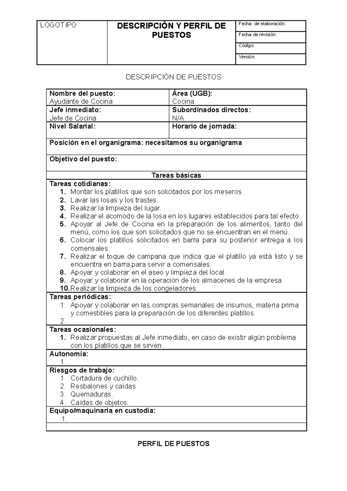 Descripción y Perfil de Puesto: Ayudante de Cocina UGB - Studocu