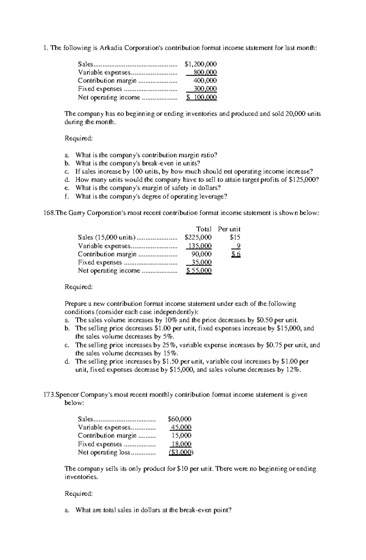 CVP Analysis Problems - Contribution Format Income Statements - Studocu
