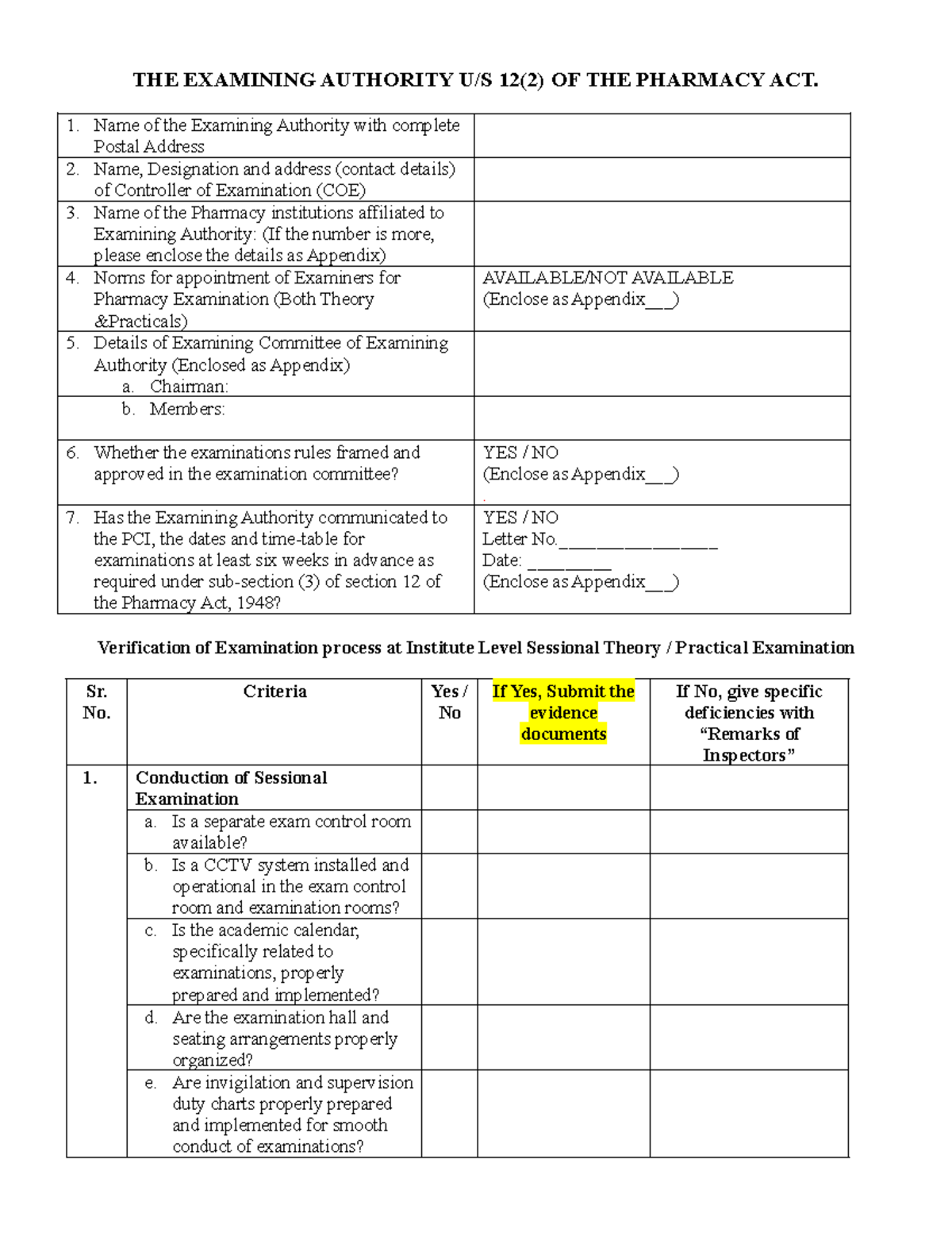 Pharmacy Act Examining Authority Overview & Compliance (Appendix-1 ...