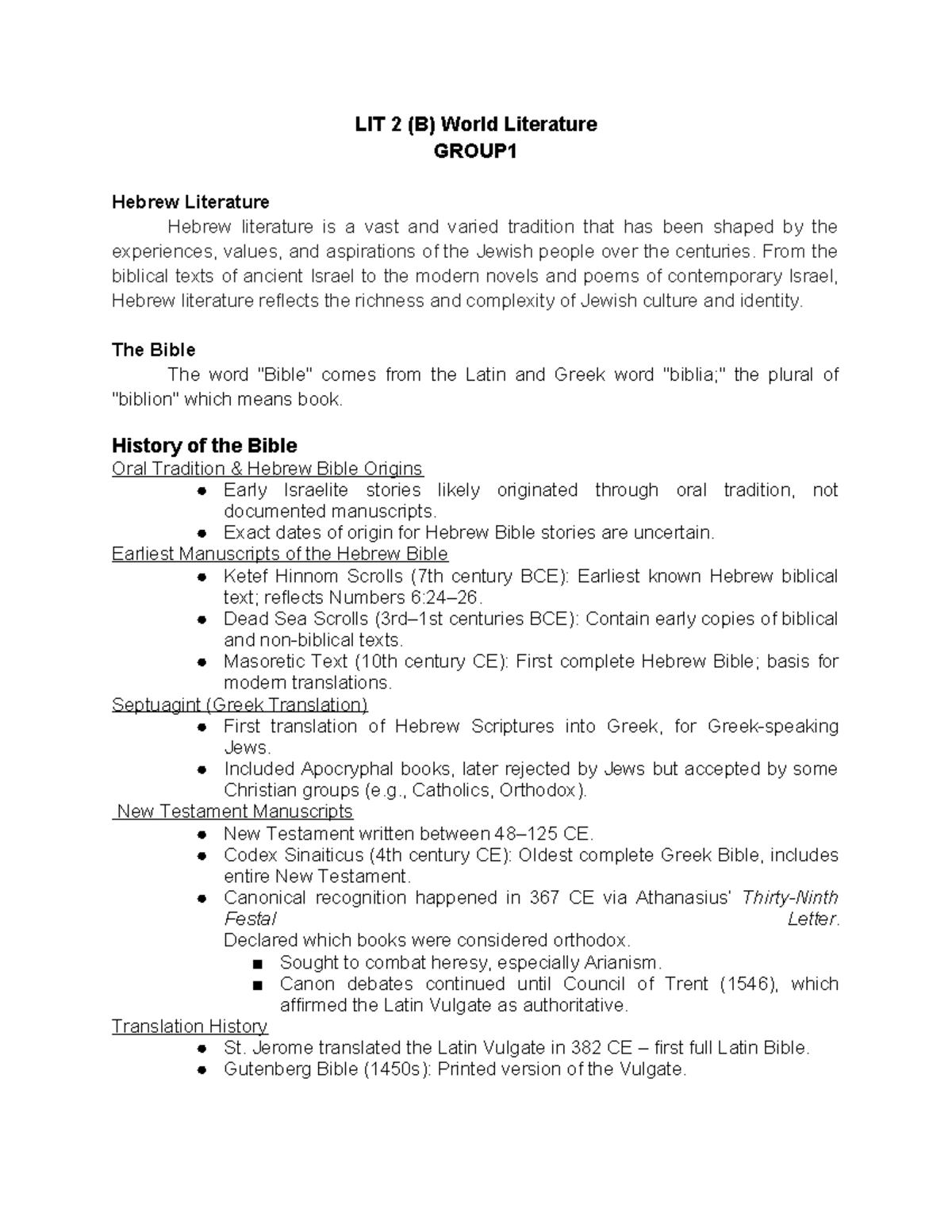 LIT 2 (B) World Literature Group 1: Overview of Hebrew Literature - Studocu
