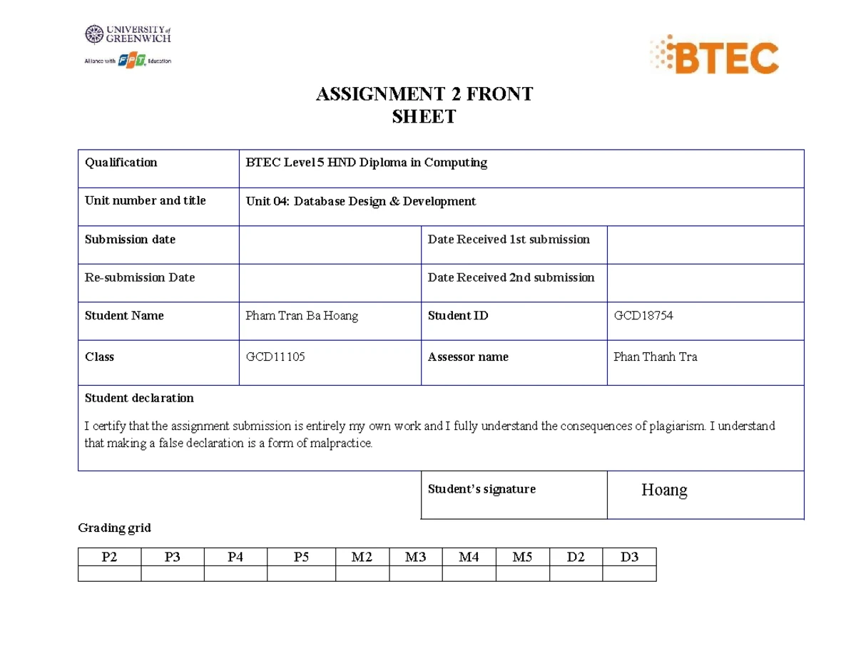 Database design development assignment for BTEC Level 5 HND Computing ...