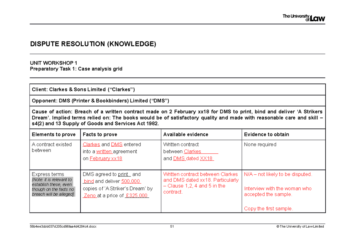 WS1 Case Analysis Grid: Breach of Contract - Clarkes & DMS - Studocu