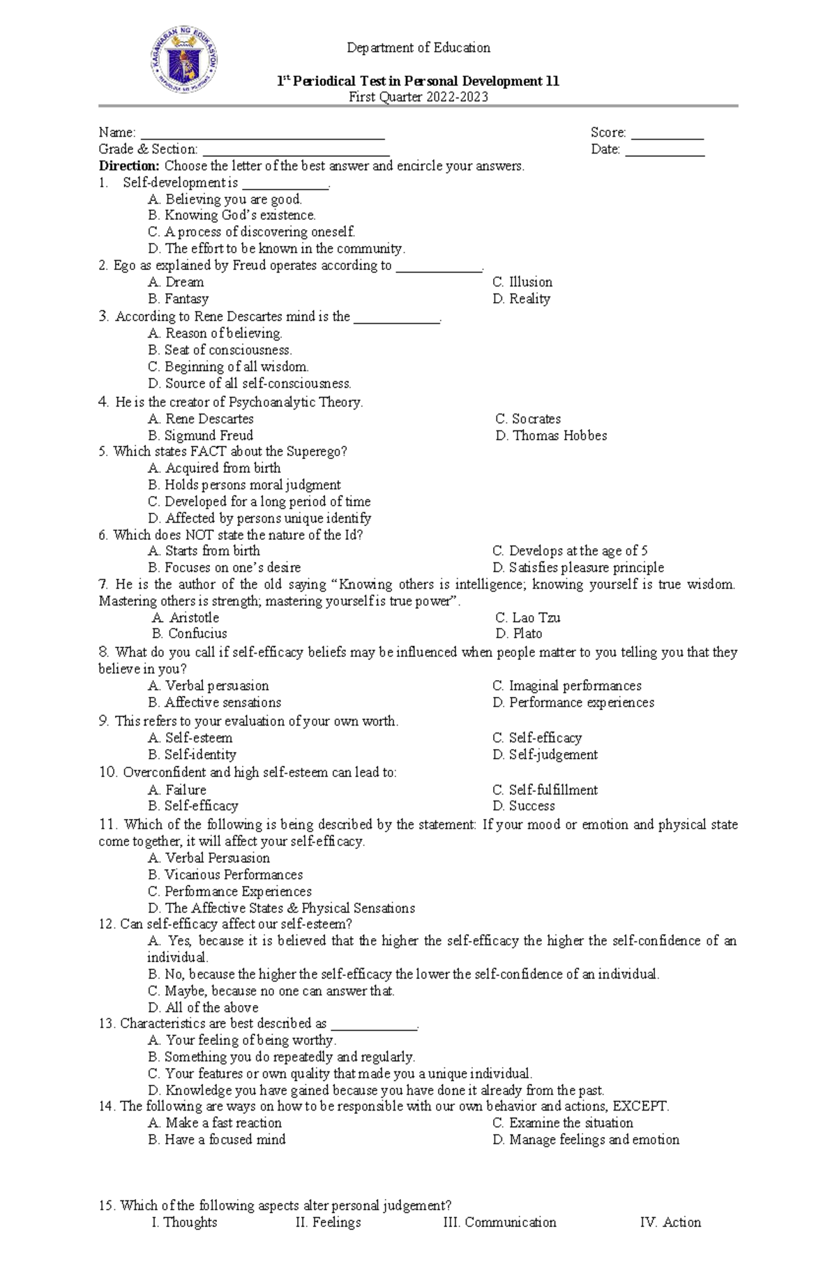 Per Dev 11 1st Periodical Test - First Quarter Exam Guide - Studocu