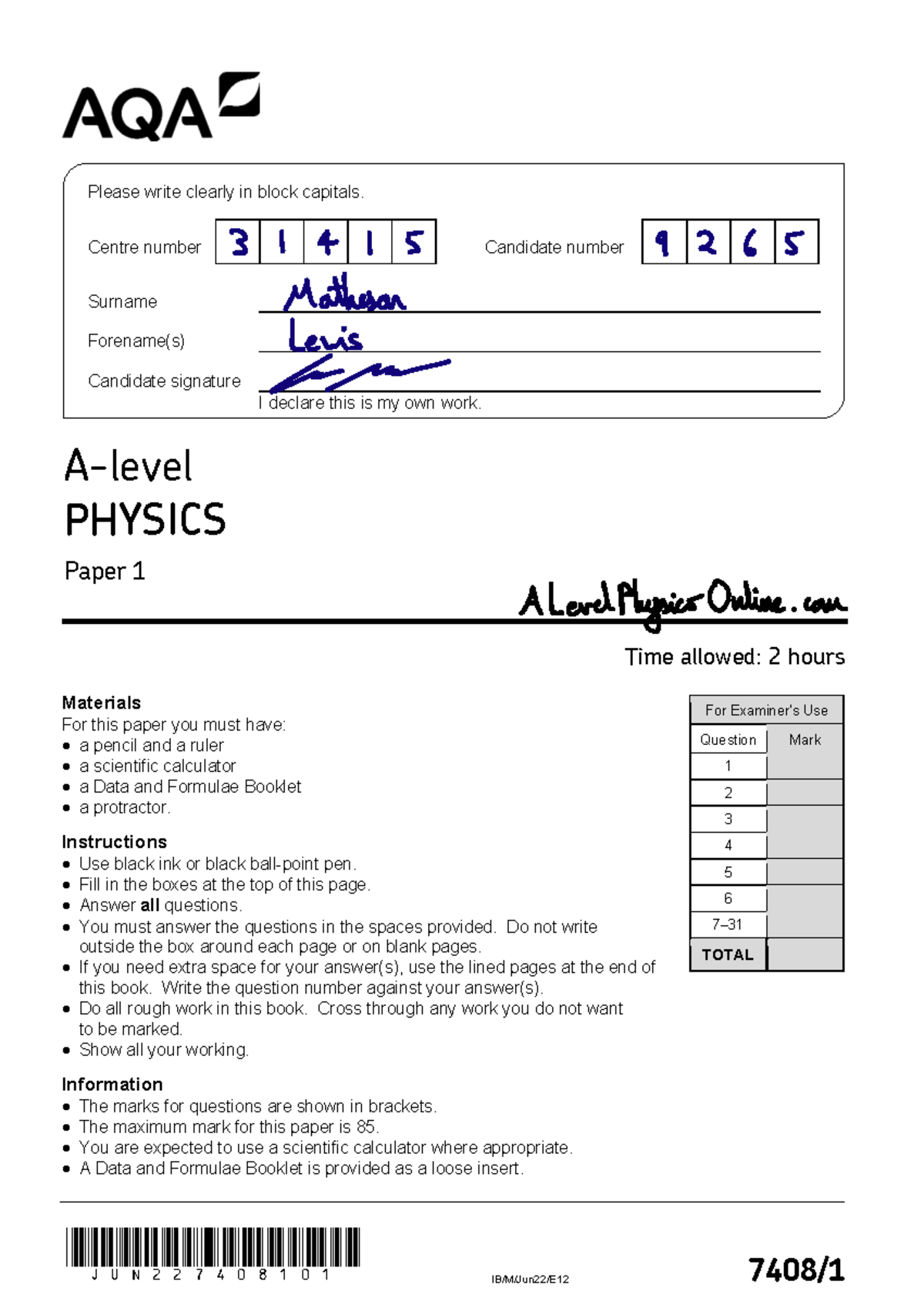 AQA PHYSICS A LEVEL Paper 1 2022 Worked Solutions and Marking Guide ...