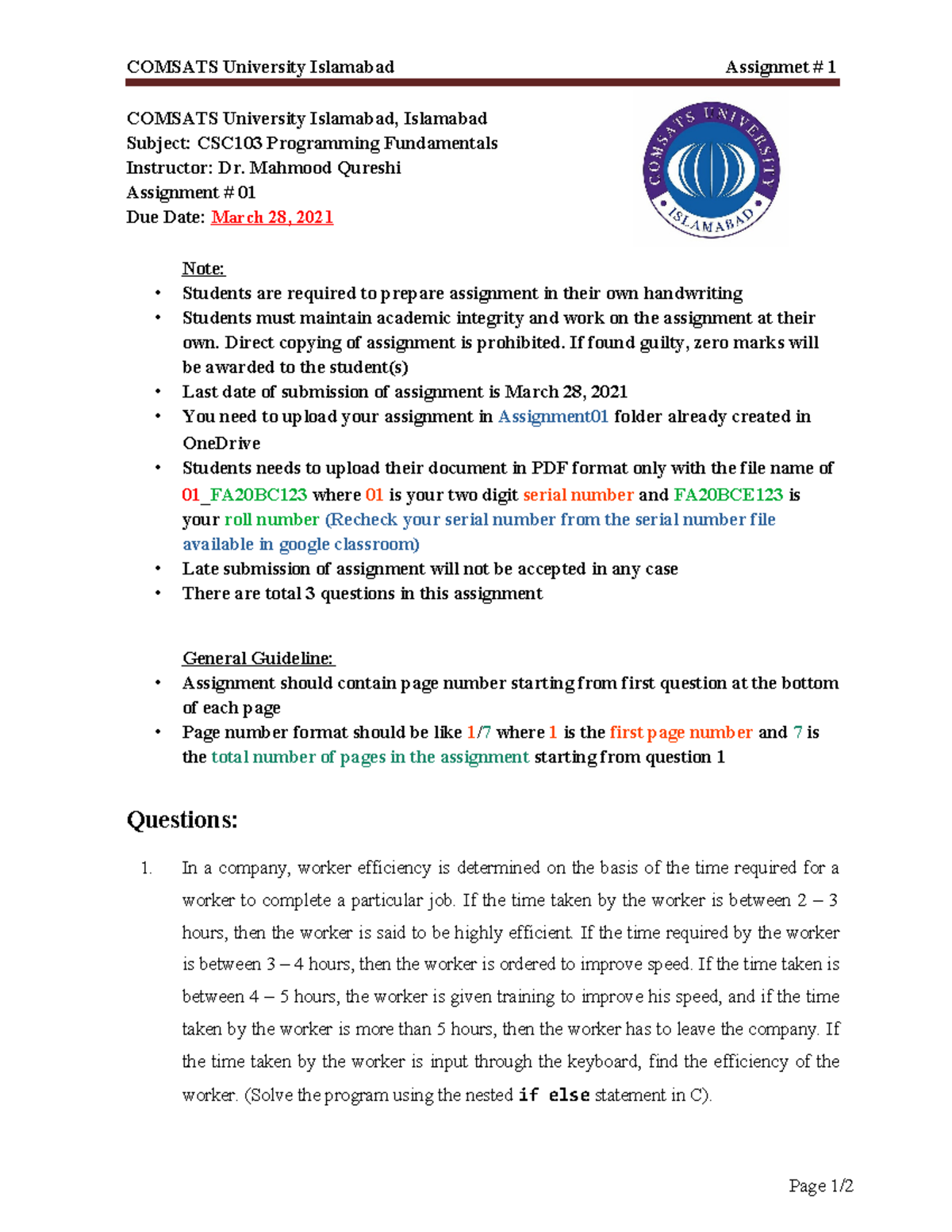 01 Assig Pakistan studies - COMSATS University Islamabad Assignmet # 1 ...