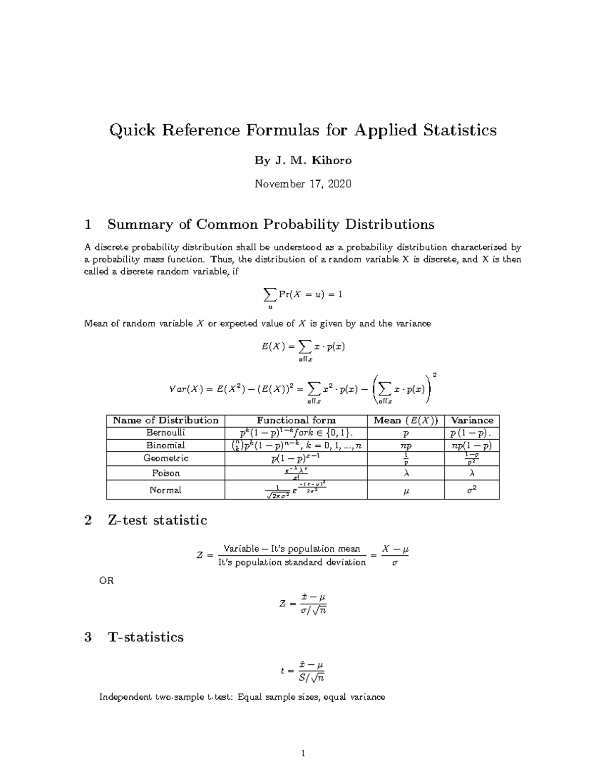 Applied Statistics Quick Reference: Key Formulas & Tables - Studocu