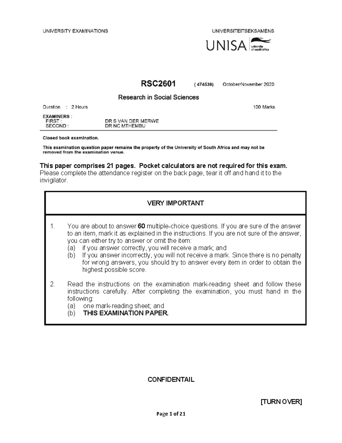 OCT/NOV 2020 RSC2601 MCQ Exam Paper and Instructions - Studocu