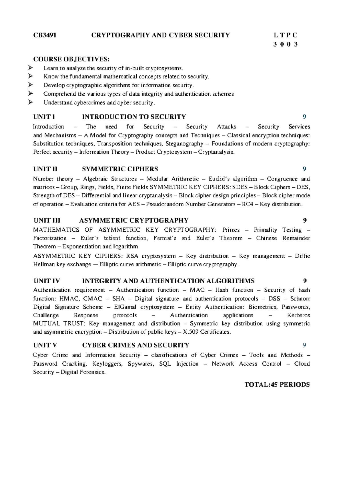 CB3491 Cryptography and Cyber Security Syllabus Overview - Studocu