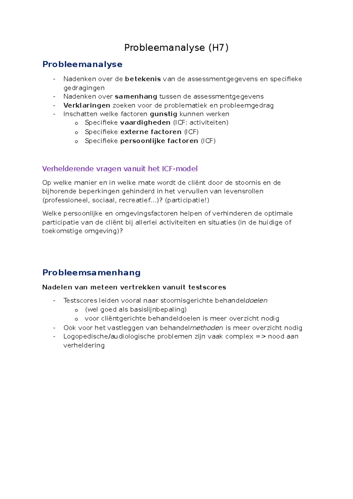 Probleemanalyse (H7) - Samenvatting van de Kernconcepten - Studocu