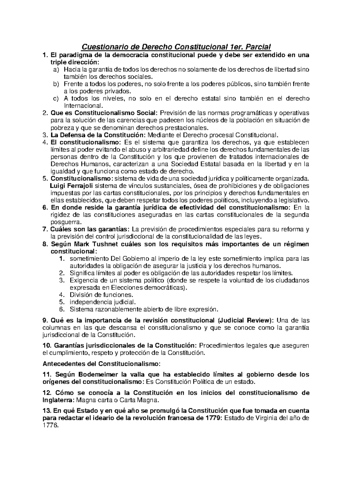 Cuestionario Derecho Constitucional - Cuestionario de Derecho ...