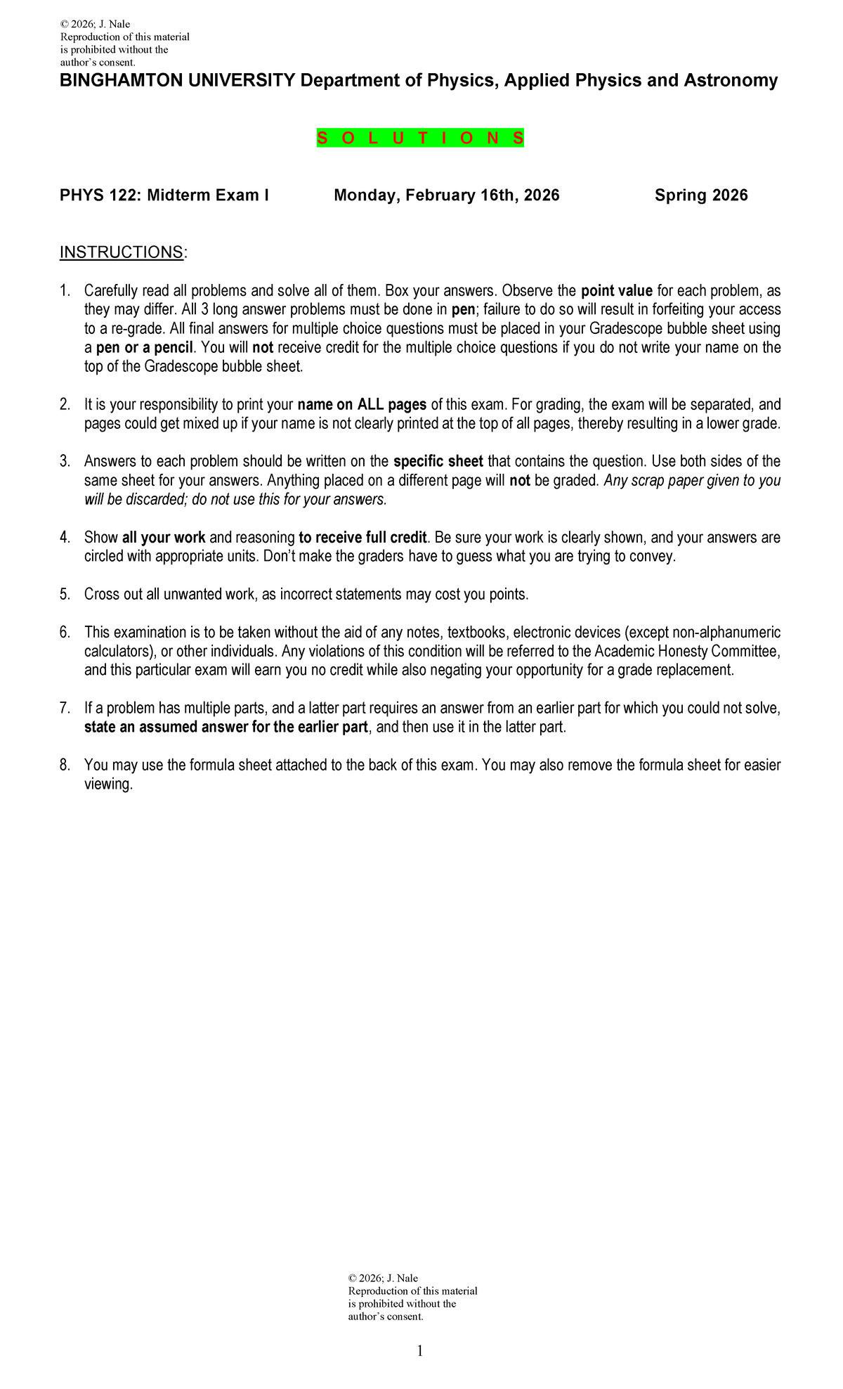 PHYS 122: Midterm Exam I Solutions - Spring 2026 - Studocu