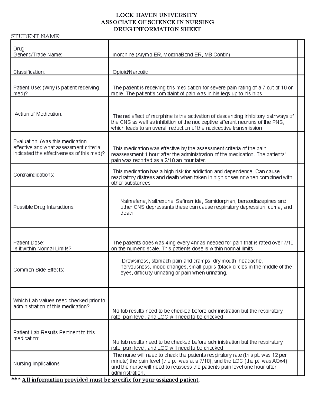 Nursing Drug Information Sheet: Morphine (Opioid) Guidelines - Studocu