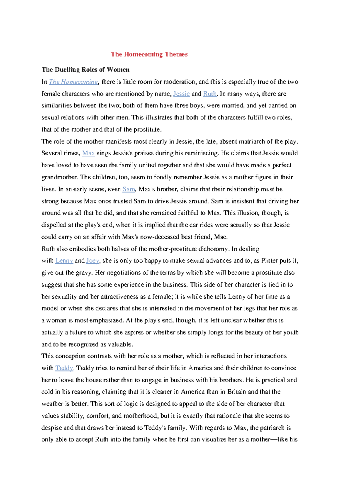 The Homecoming (ENG 101) - Themes and Character Analysis Notes - Studocu