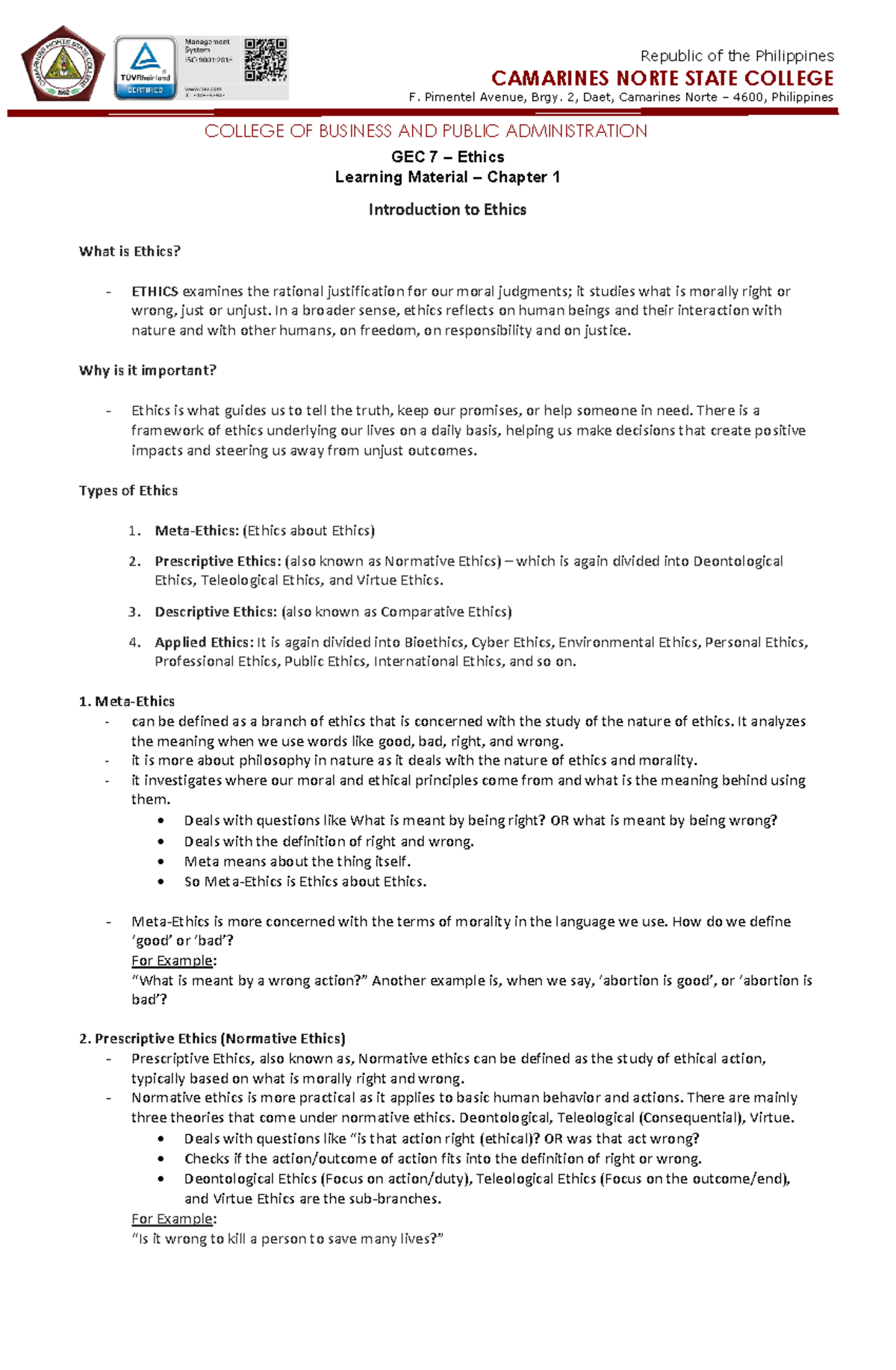 GEC 7 – Ethics: Overview of Chapters 1 to 3 with Key Concepts - Studocu
