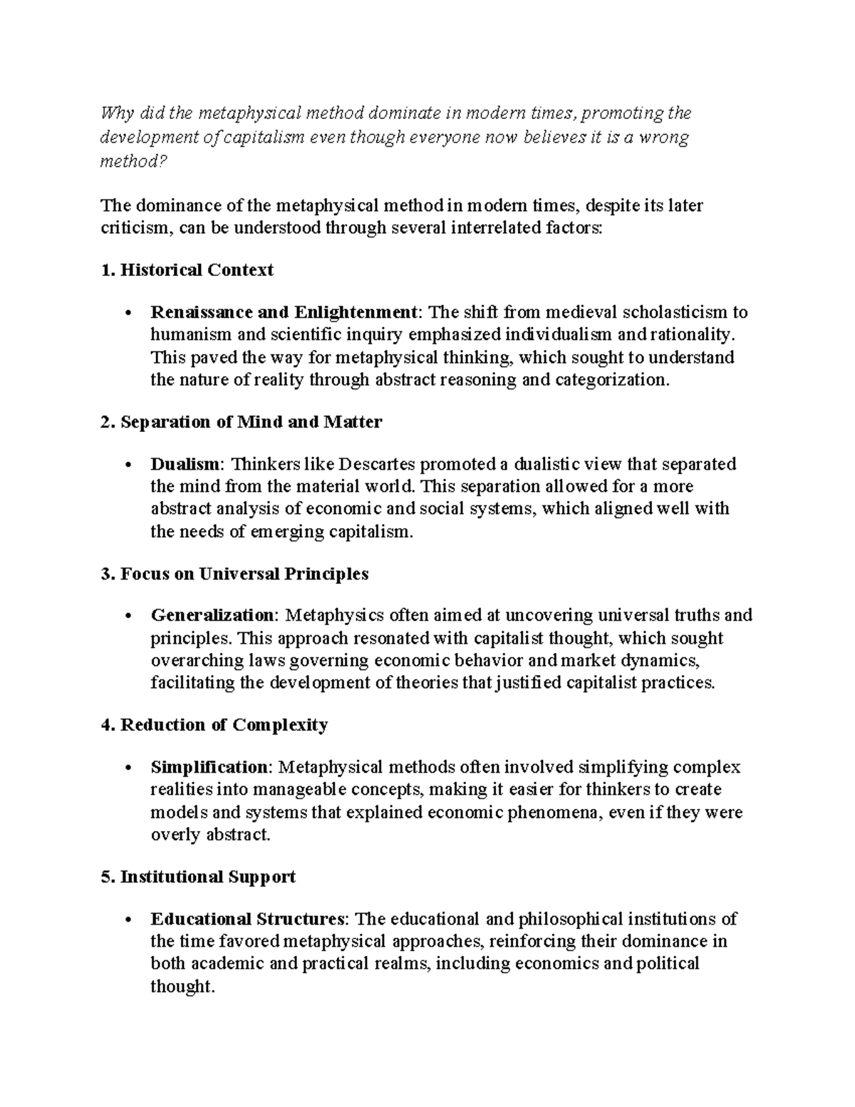 The Metaphysical Method's Role in Capitalism Development (CHTHH 1235 ...