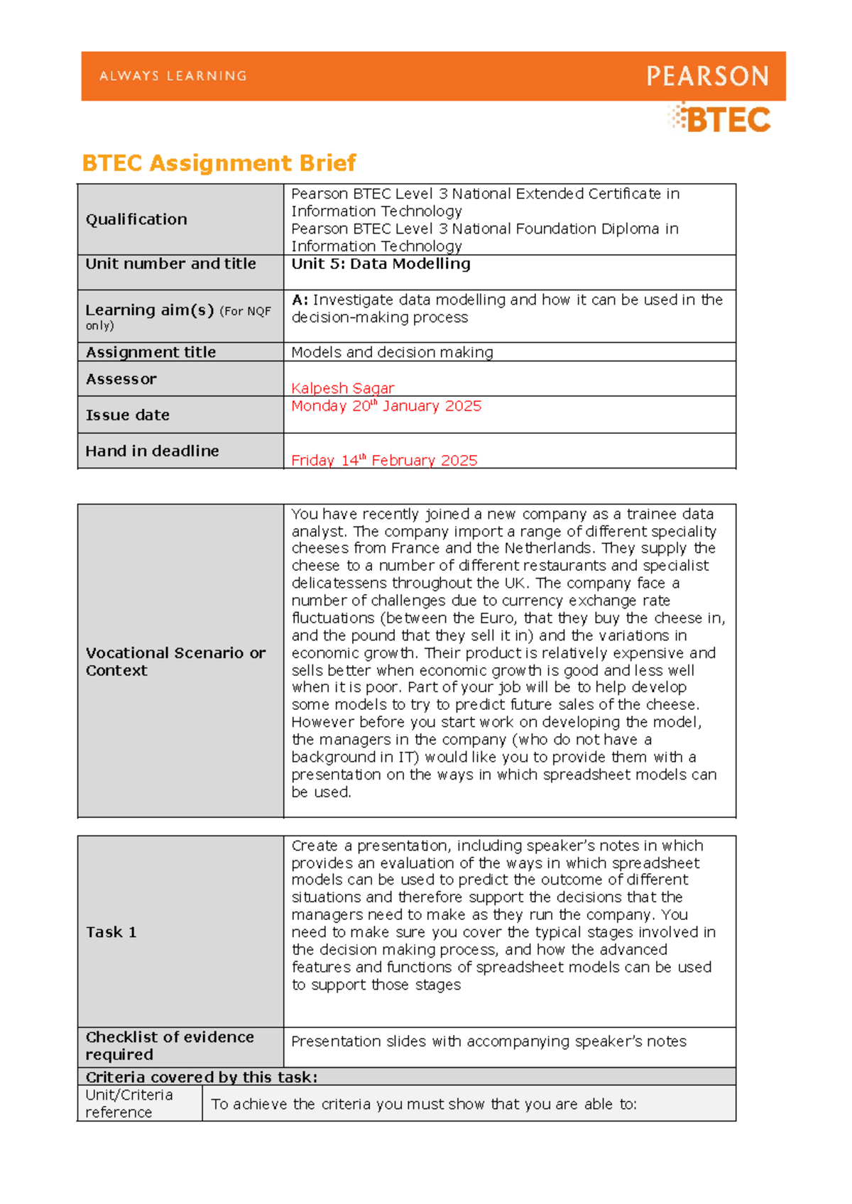 BTEC IT Unit 5 Assignment 1: Data Modelling and Decision Making - Studocu