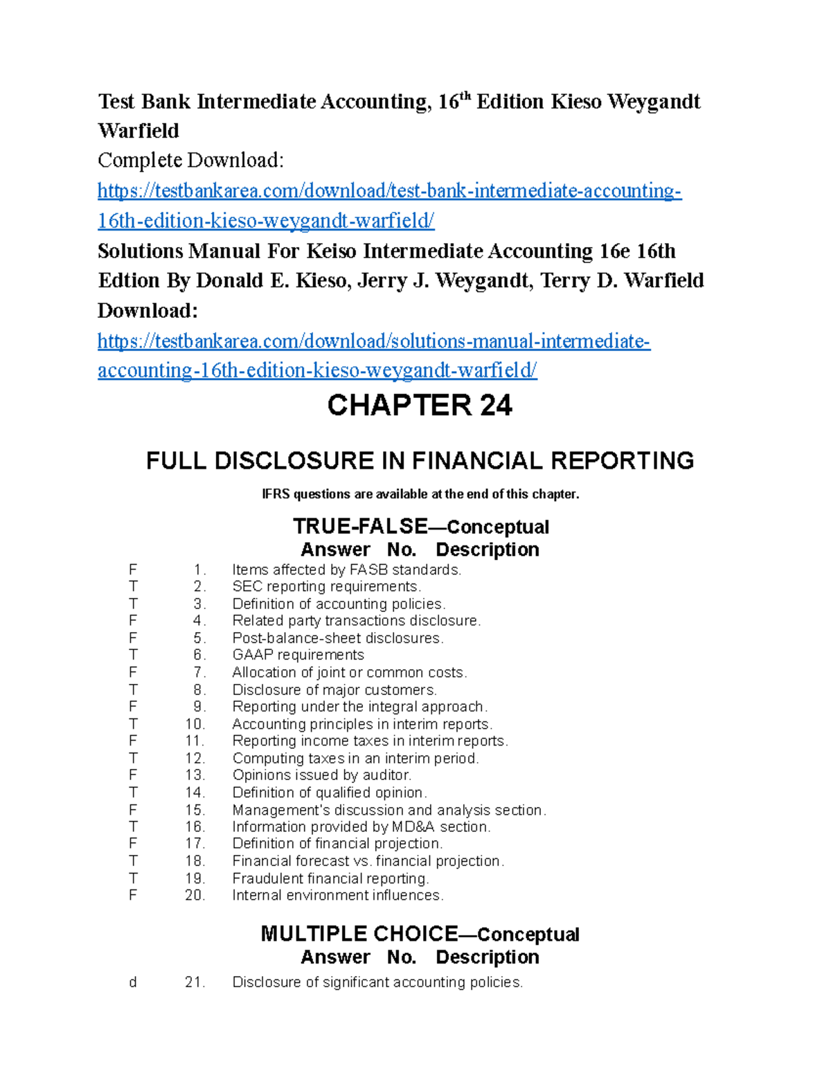 Intermediate Accounting 16th Ed. Test Bank by Kieso, Weygandt, Warfield ...