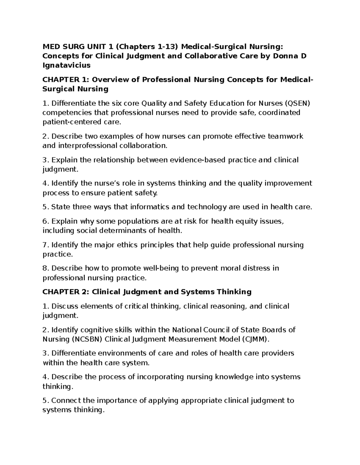 MED SURG NURSING UNIT 1: Key Concepts & Clinical Judgment Overview ...