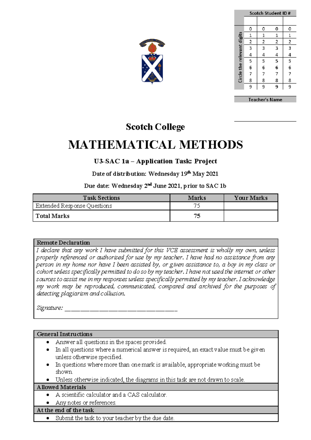 2021 Mathematical Methods 1a SAC 1a Application Task - Studocu