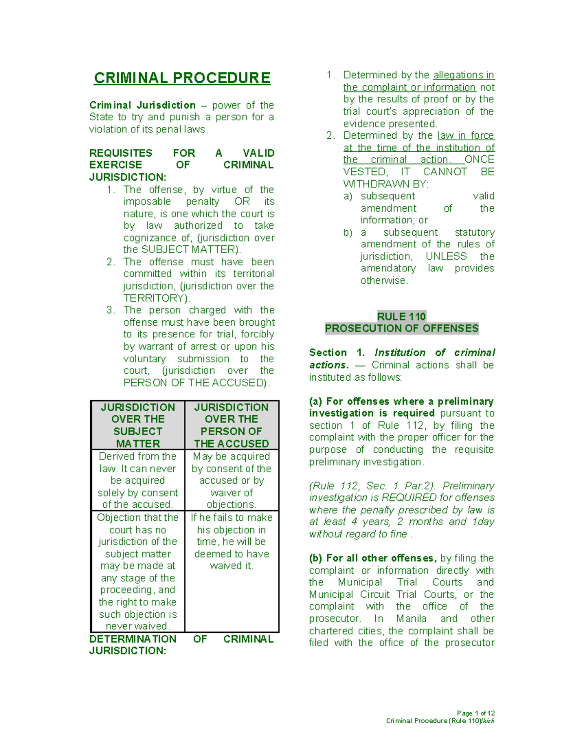 CRIM 110: Comprehensive Notes on Criminal Procedure and Jurisdiction ...