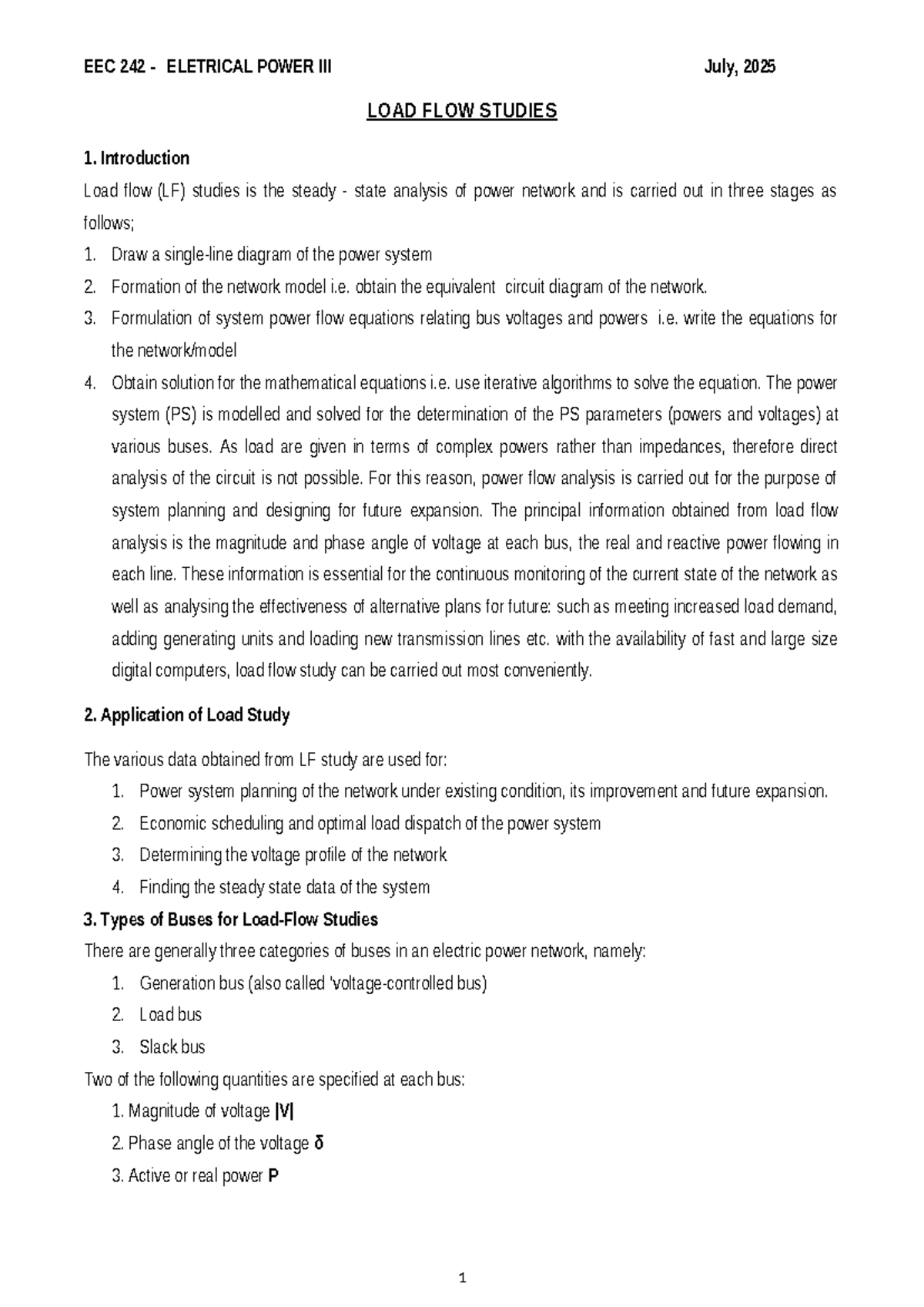 EEC 242 - Load Flow Studies: Comprehensive Notes and Analysis - Studocu