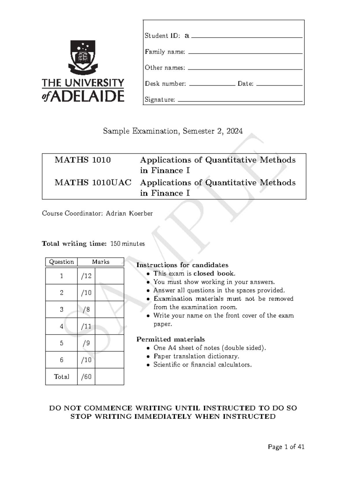 AQMF Sample Exam: Applications of Quantitative Methods in Finance I ...