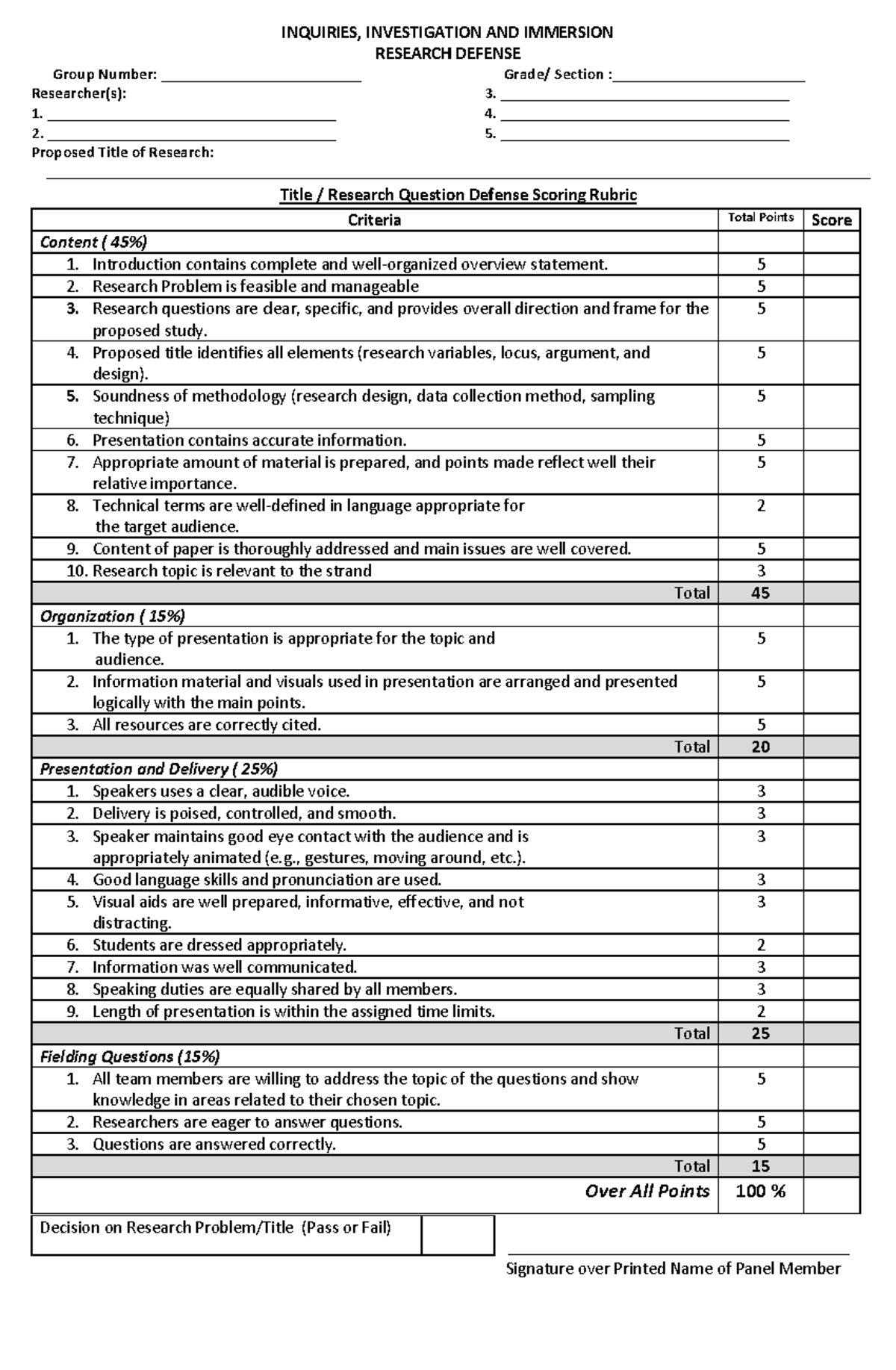 Title Defense Rubric for Research Inquiries and Investigations - Studocu
